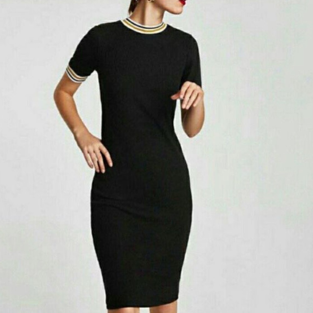 Zara Black Midi Dress with White and Gold Accents